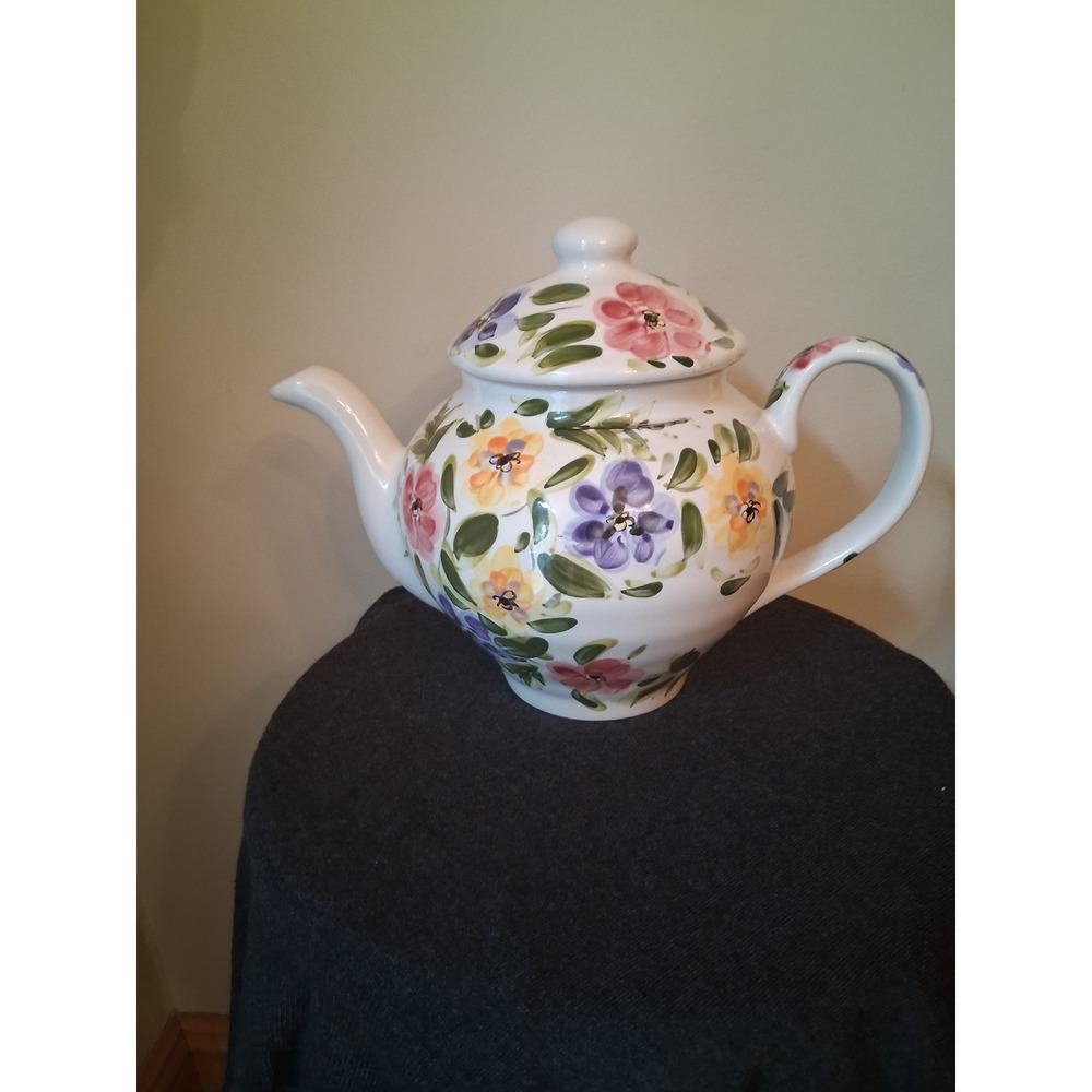 Tabletops Unlimited Rose Prairie Large 75oz Teapot Hand Painted Floral Ceramic